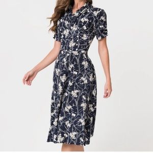 Unique Vintage 1940s Style Navy & White Floral Camilla Midi Dress NWOT